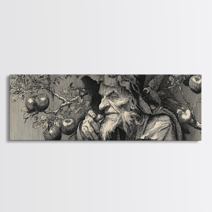 The Orchard Hag, Renaissance Engraving Art, Extra Wide Wall Art, Macabre Wall Art, Canvas Print, Halloween Wall Art, Dark Fantasy Art