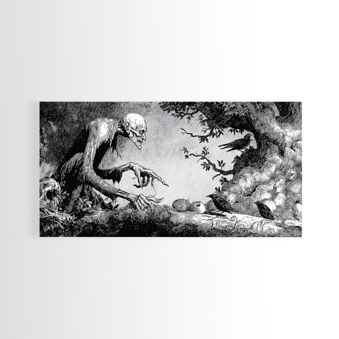 The Orchard Hag, Expressionist Nightmare Art, Wide Panoramic Art, Dark Halloween Decor, Canvas Print, Halloween Wall Art