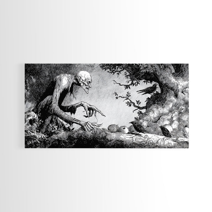 The Orchard Hag, Expressionist Nightmare Art, Wide Panoramic Art, Dark Halloween Decor, Canvas Print, Halloween Wall Art