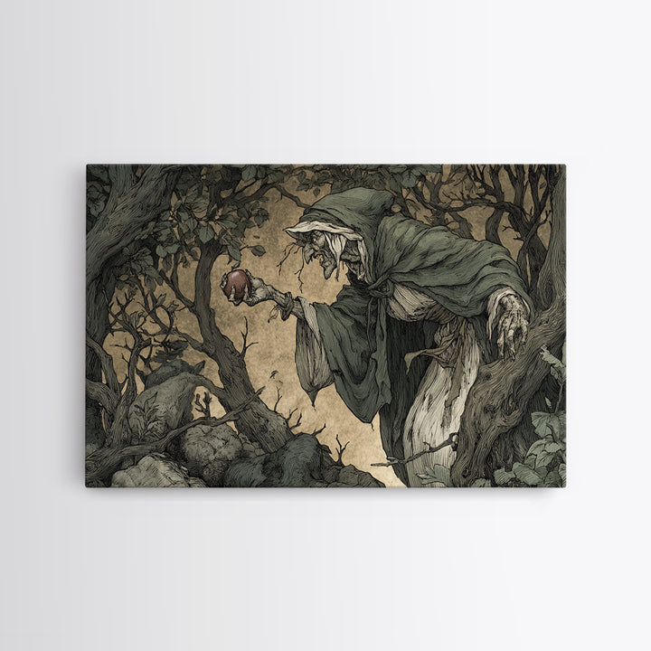 The Orchard Hag, Gothic Storybook Art, Landscape Wall Art, Dark Halloween Decor, Framed Canvas Print, Halloween Wall Art