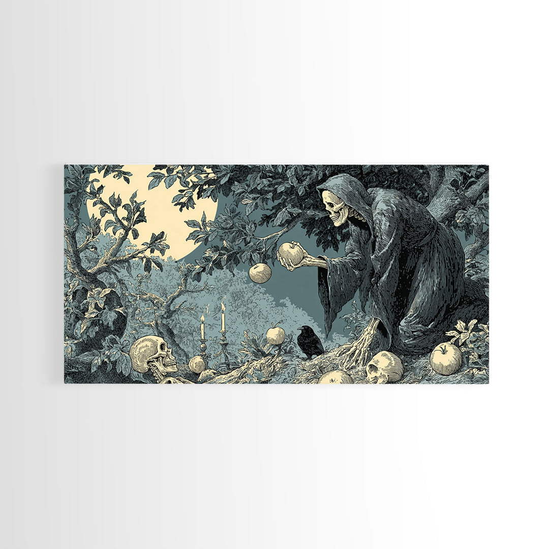 The Orchard Hag, Macabre Folk Print Art, Wide Panoramic Art, Macabre Wall Art, Canvas Print, Halloween Wall Art