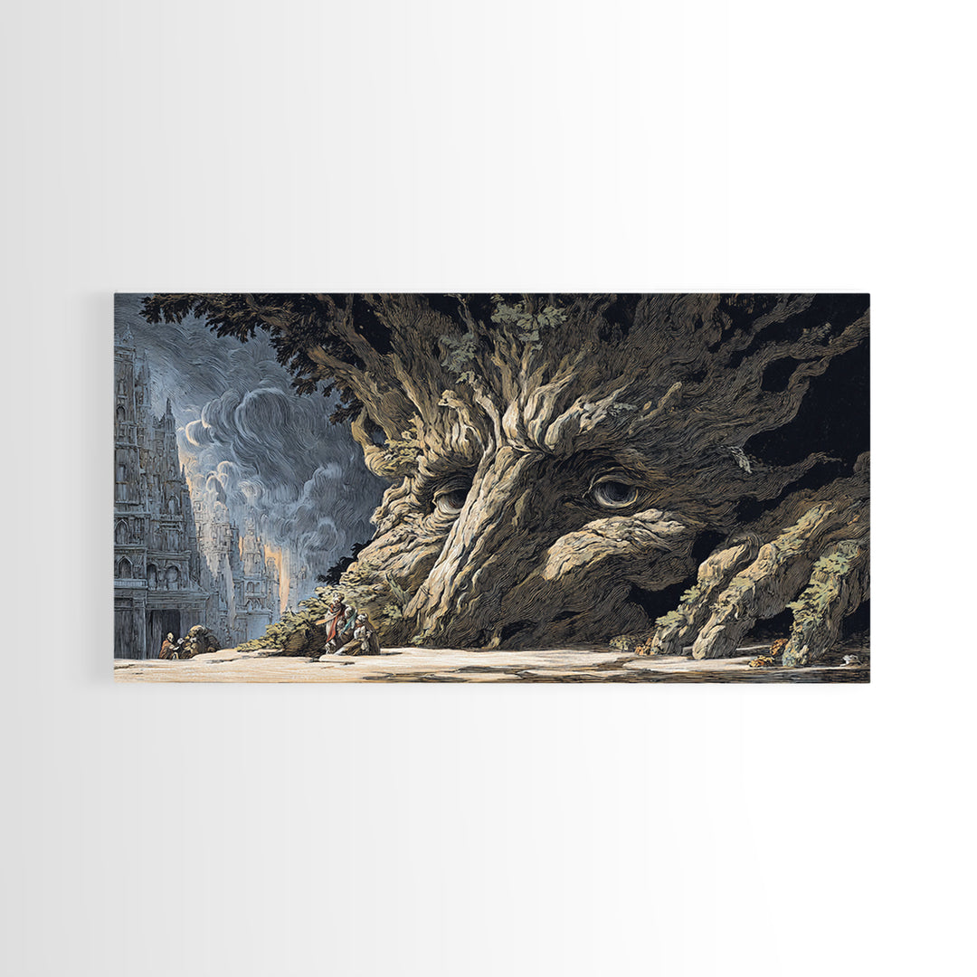 The Hollow-Tree Monster, Apocalyptic Romantic Art, Wide Panoramic Art, Dark Fantasy Wall Art, Framed Canvas Print, Halloween Wall Art