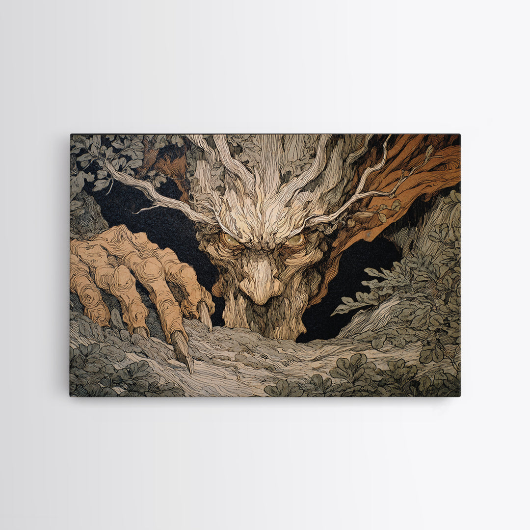 The Hollow-Tree Monster, Gothic Storybook Art, Landscape Wall Art, Dark Halloween Decor, Framed Canvas Print, Halloween Wall Art