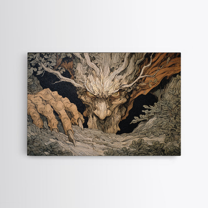 The Hollow-Tree Monster, Gothic Storybook Art, Landscape Wall Art, Dark Halloween Decor, Framed Canvas Print, Halloween Wall Art