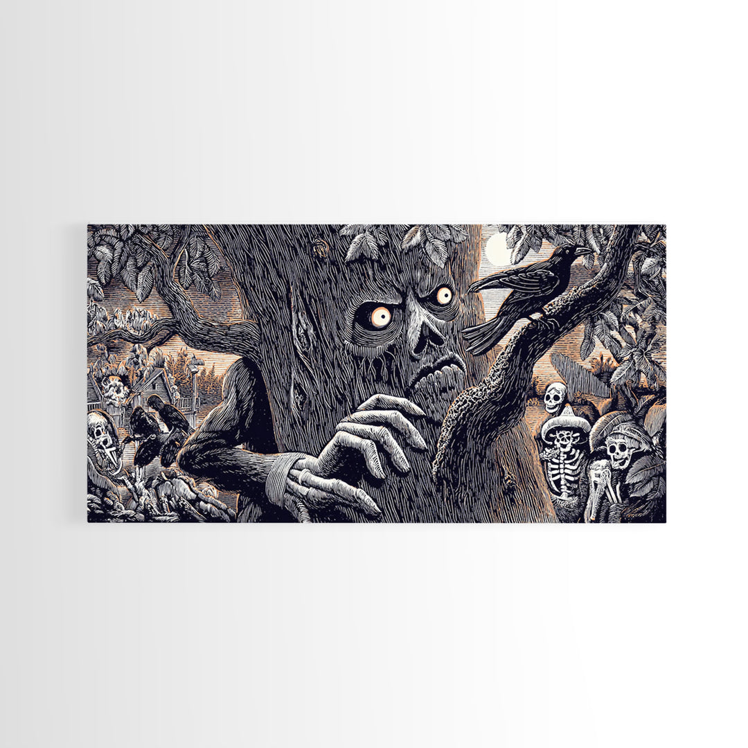 The Hollow-Tree Monster, Macabre Folk Print Art, Wide Panoramic Art, Macabre Wall Art, Framed Canvas Print, Halloween Wall Art