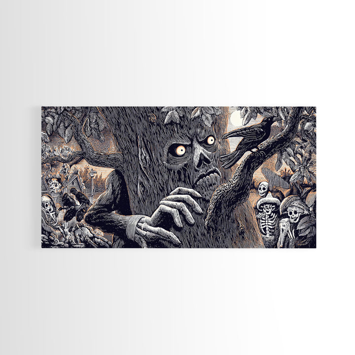 The Hollow-Tree Monster, Macabre Folk Print Art, Wide Panoramic Art, Macabre Wall Art, Framed Canvas Print, Halloween Wall Art