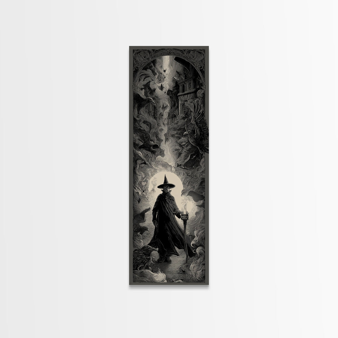 The Crossroads Spirit, Gothic Engraving Art, Tall Narrow Wall Art, Dark Halloween Decor, Framed Canvas Print, Halloween Wall Art
