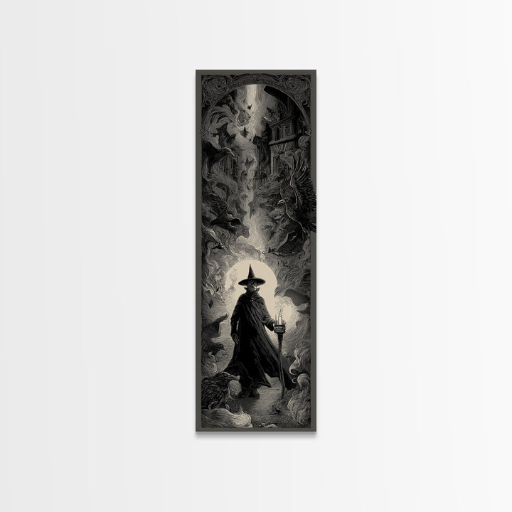 The Crossroads Spirit, Gothic Engraving Art, Tall Narrow Wall Art, Dark Halloween Decor, Framed Canvas Print, Halloween Wall Art