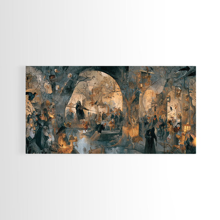 The Crossroads Spirit, Northern Renaissance Horror, Wide Panoramic Art, Macabre Wall Art, Framed Canvas Print, Halloween Wall Art