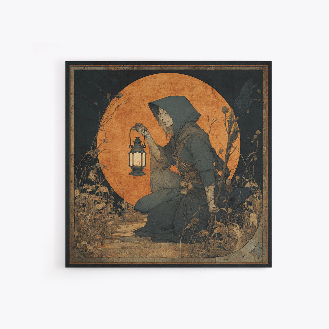 The Crossroads Spirit, Symbolist Etching Art, Square Wall Art, Dark Fantasy Wall Art, Framed Canvas Print, Halloween Wall Art