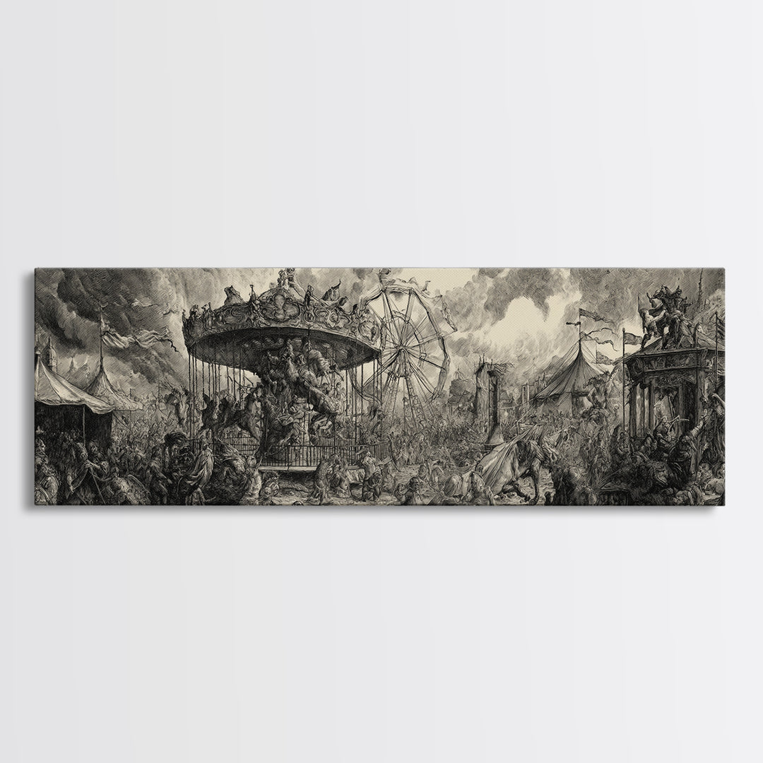 The Abandoned Carnival, Renaissance Engraving Art, Extra Wide Wall Art, Dark Fantasy Wall Art, Canvas Print, Halloween Wall Art