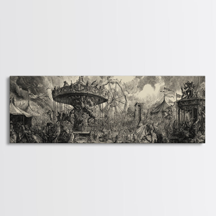 The Abandoned Carnival, Renaissance Engraving Art, Extra Wide Wall Art, Dark Fantasy Wall Art, Canvas Print, Halloween Wall Art