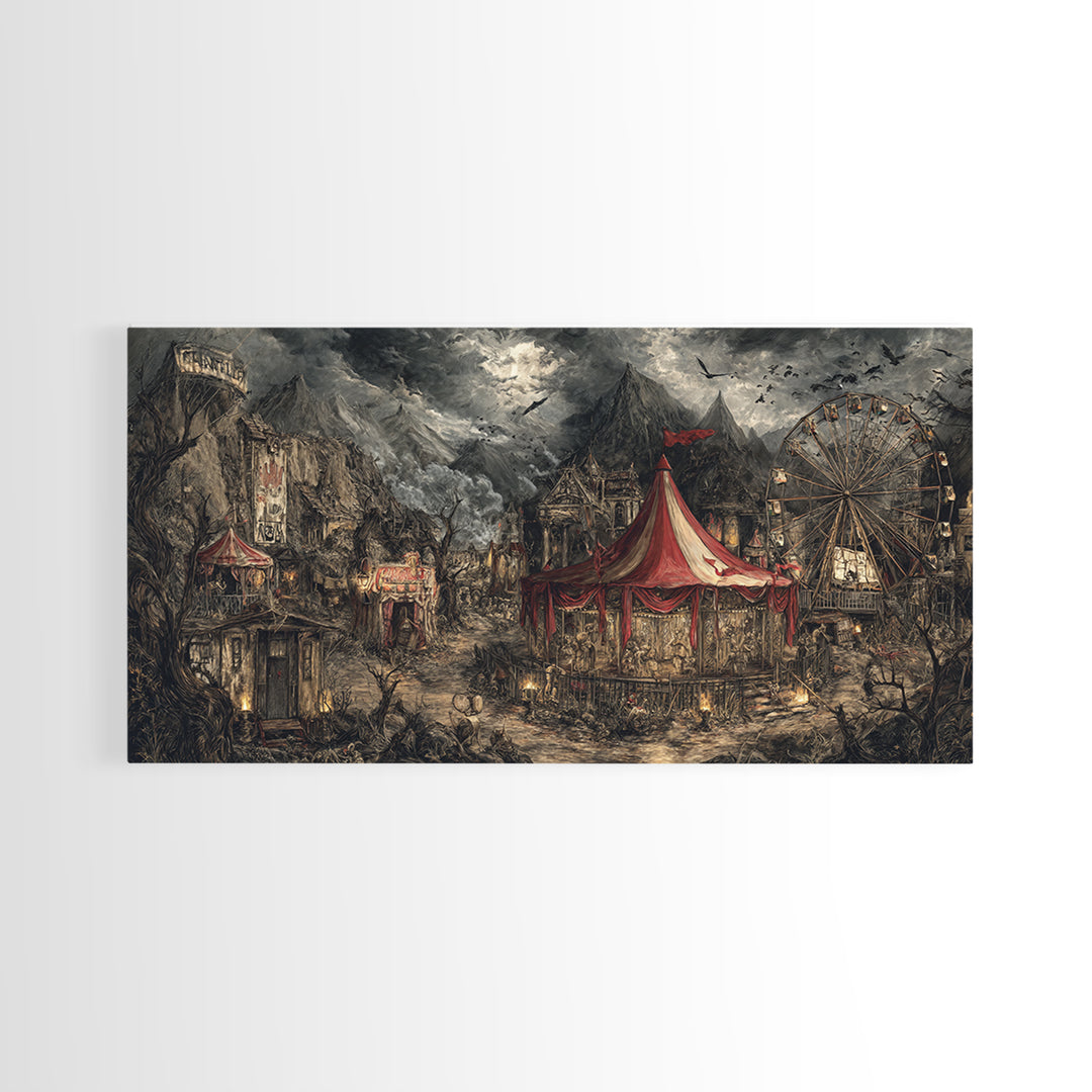 The Abandoned Carnival, Baroque Witchcraft Art, Wide Panoramic Art, Dark Fantasy Wall Art, Framed Canvas Print, Halloween Wall Art