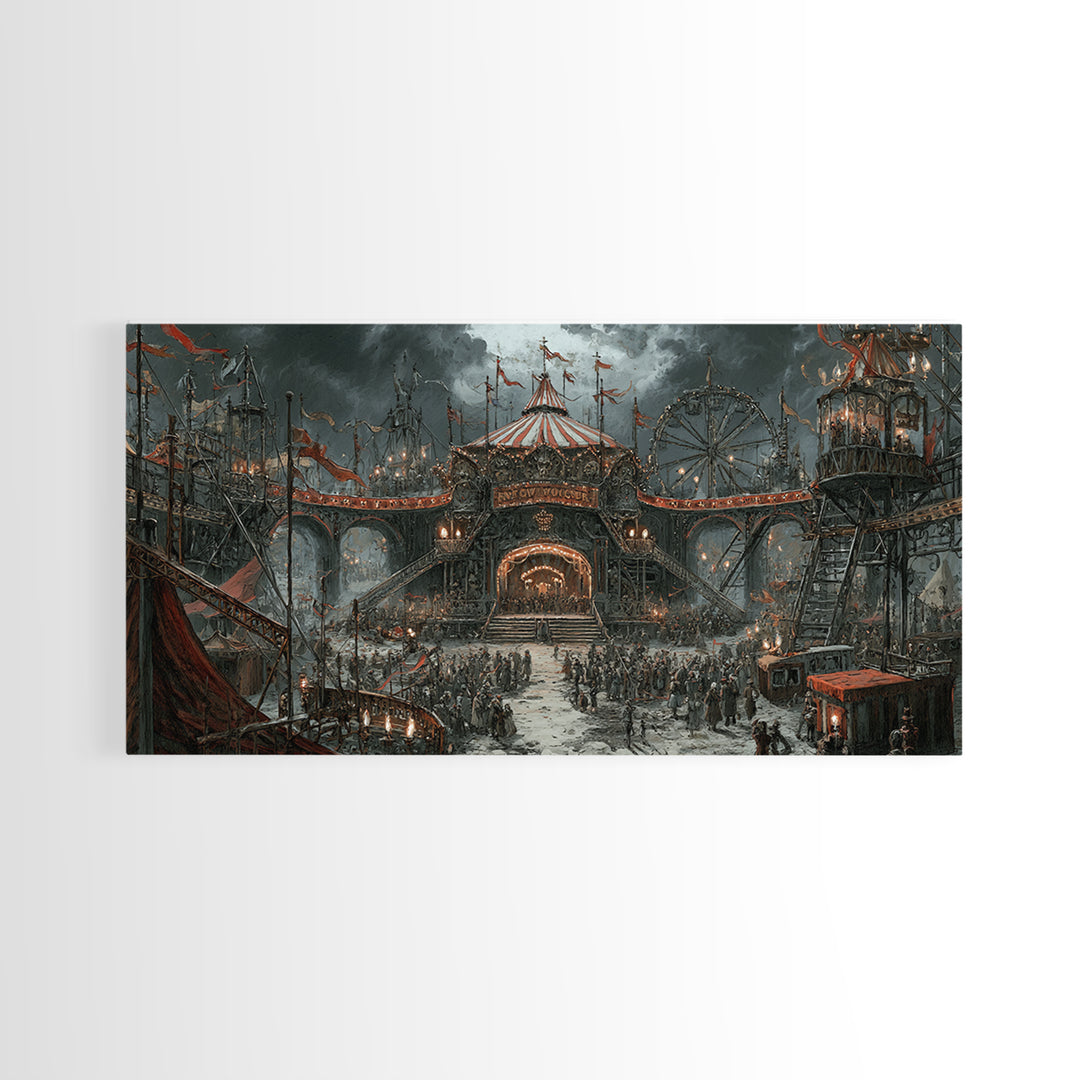 The Abandoned Carnival, Architectural Etching Art, Wide Panoramic Art, Macabre Wall Art, Framed Canvas Print