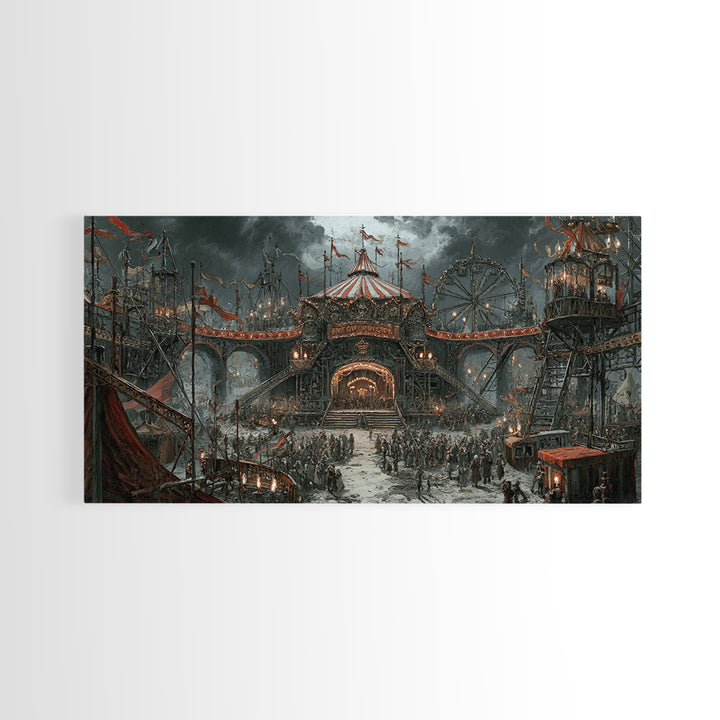 The Abandoned Carnival, Architectural Etching Art, Wide Panoramic Art, Macabre Wall Art, Framed Canvas Print