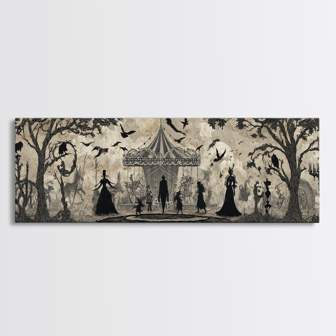 The Abandoned Carnival, Decadent Line Art, Extra Wide Wall Art, Dark Fantasy Wall Art, Framed Canvas Print, Halloween Wall Art
