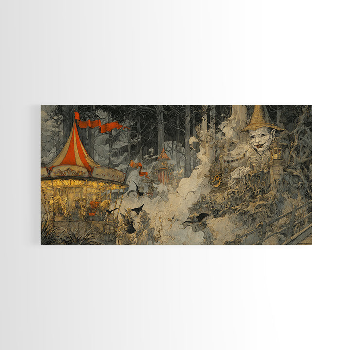 The Abandoned Carnival, Gothic Storybook Art, Wide Panoramic Art, Gothic Horror Wall Art, Canvas Print, Halloween Wall Art