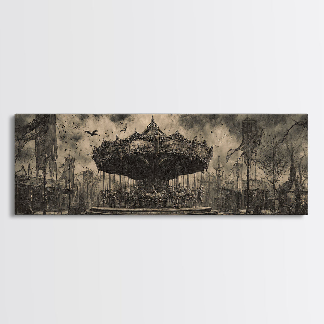 The Abandoned Carnival, Biomechanical Horror Art, Extra Wide Wall Art, Dark Halloween Decor, Framed Canvas Print, Halloween Wall Art