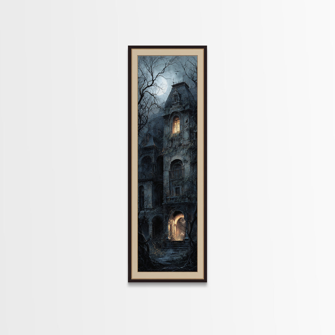 The Haunted Manor, Gothic Engraving Art, Tall Narrow Wall Art, Macabre Wall Art, Framed Canvas Print, Halloween Wall Art