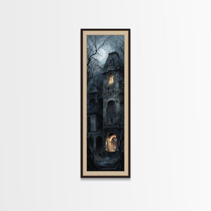 The Haunted Manor, Gothic Engraving Art, Tall Narrow Wall Art, Macabre Wall Art, Framed Canvas Print, Halloween Wall Art