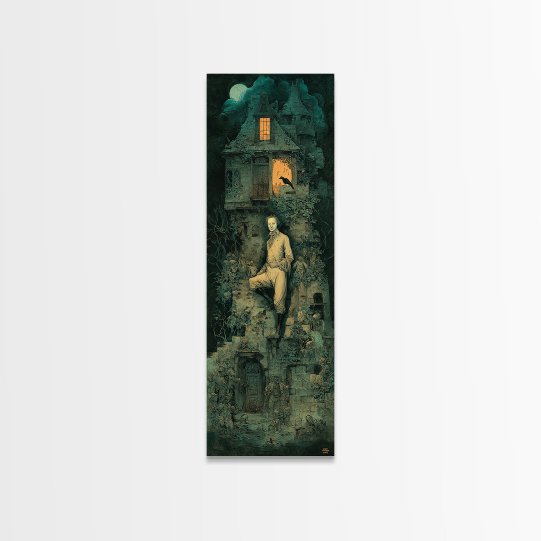 The Haunted Manor, Medieval Grotesque Art, Tall Narrow Wall Art, Dark Halloween Decor, Framed Canvas Print, Halloween Wall Art