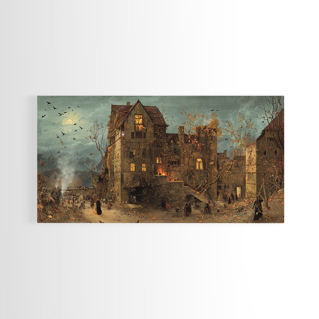 The Haunted Manor, Northern Renaissance Horror, Wide Panoramic Art, Dark Halloween Decor, Canvas Print, Halloween Wall Art