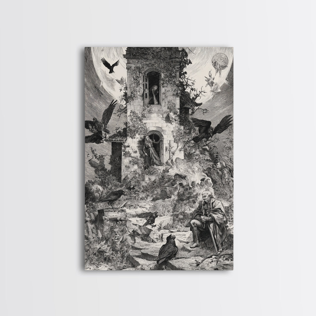 The Haunted Manor, Renaissance Engraving Art, Vertical Wall Art, Macabre Wall Art, Canvas Print, Halloween Wall Art, Spooky Wall Decor