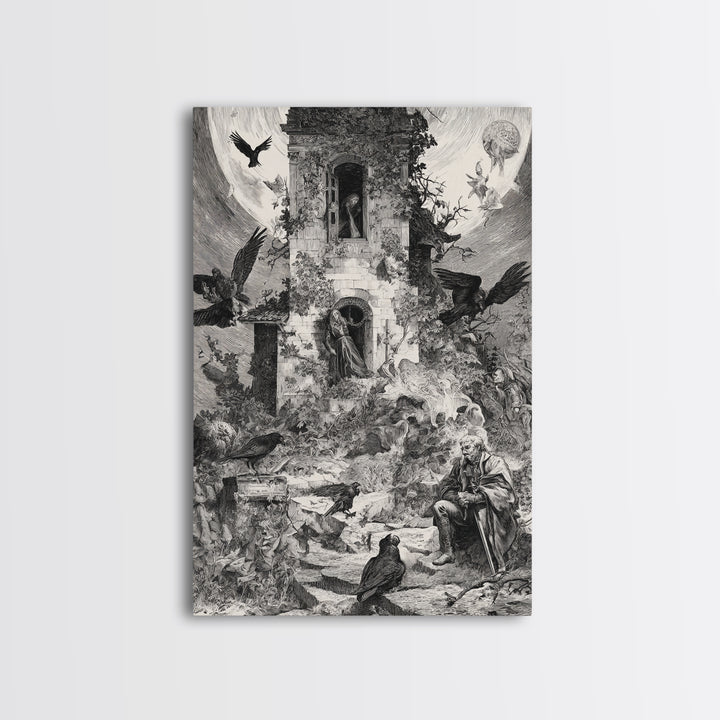 The Haunted Manor, Renaissance Engraving Art, Vertical Wall Art, Macabre Wall Art, Canvas Print, Halloween Wall Art, Spooky Wall Decor