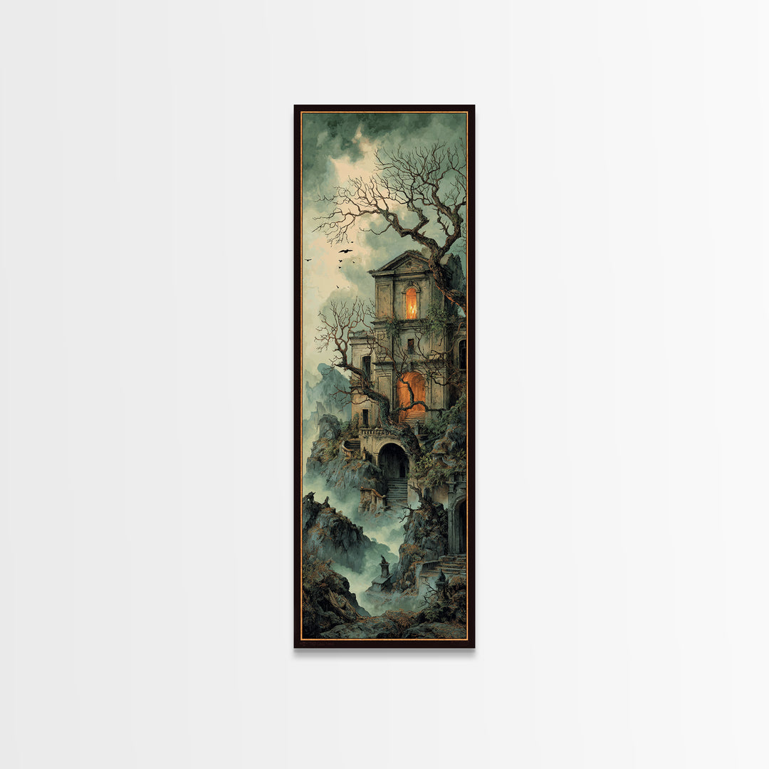 The Haunted Manor, Baroque Witchcraft Art, Tall Narrow Wall Art, Macabre Wall Art, Framed Canvas Print, Halloween Wall Art