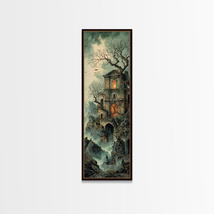The Haunted Manor, Baroque Witchcraft Art, Tall Narrow Wall Art, Macabre Wall Art, Framed Canvas Print, Halloween Wall Art