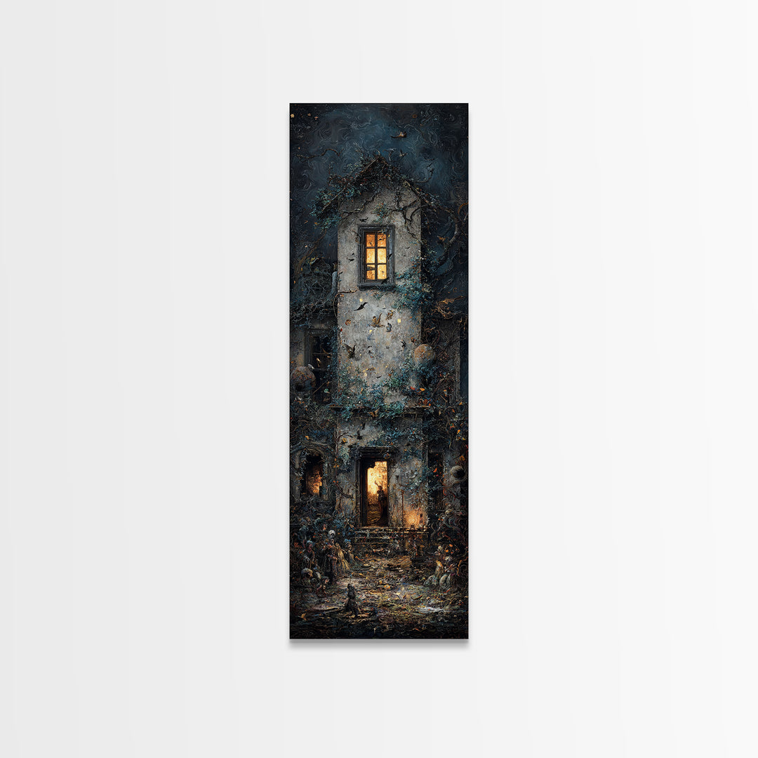 The Haunted Manor, Visionary Gothic Art, Tall Narrow Wall Art, Macabre Wall Art, Canvas Print, Halloween Wall Art, Halloween Decor