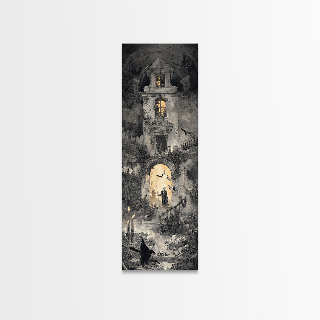 The Haunted Manor, Architectural Etching Art, Tall Narrow Wall Art, Dark Fantasy Wall Art, Canvas Print, Halloween Wall Art