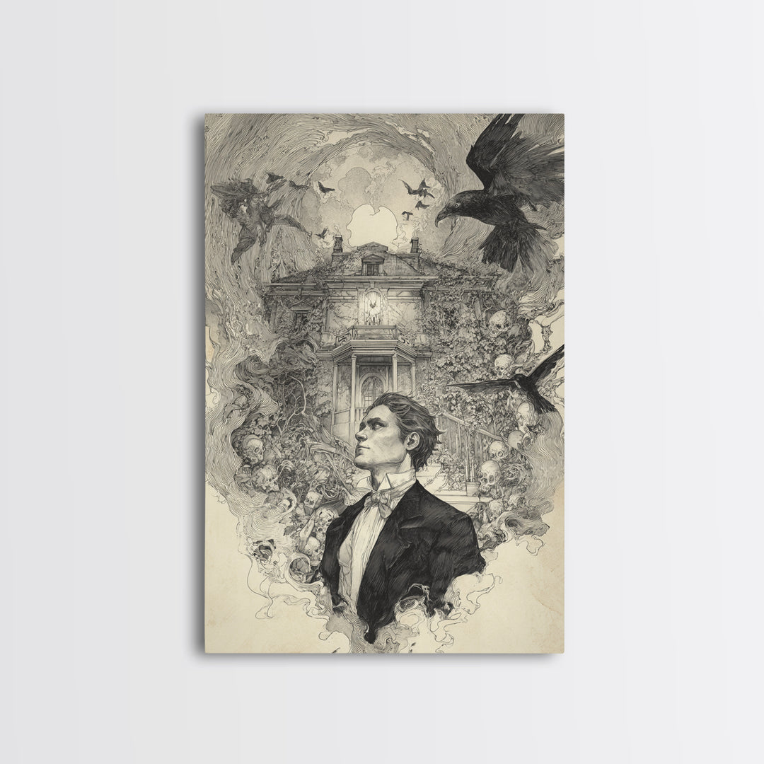 The Haunted Manor, Decadent Gothic Art, Vertical Wall Art, Macabre Wall Art, Framed Canvas Print, Halloween Wall Art