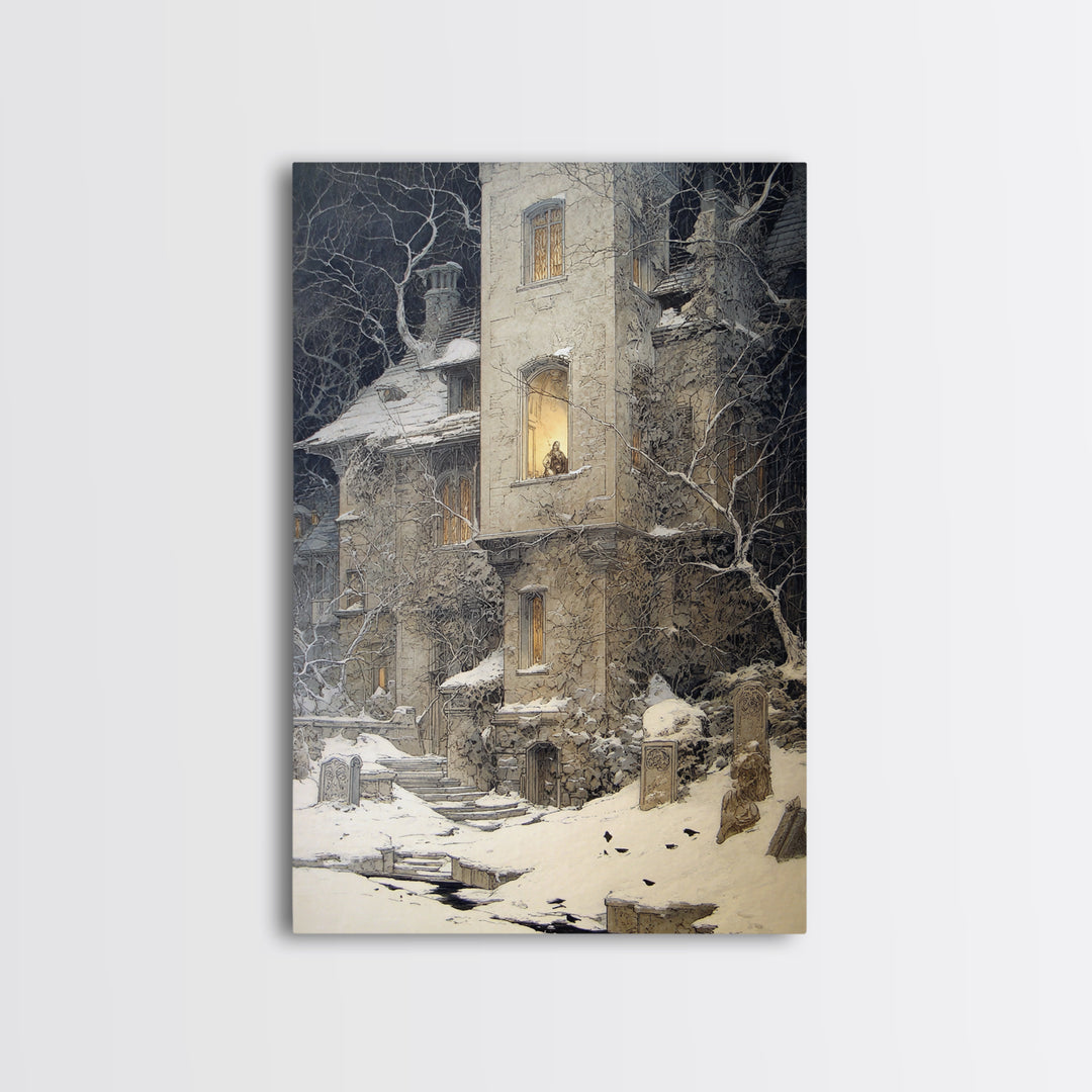The Haunted Manor, Symbolist Death Art, Vertical Wall Art, Dark Fantasy Wall Art, Canvas Print, Halloween Wall Art