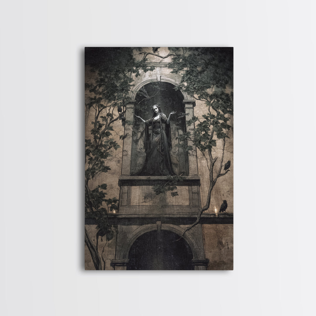 The Haunted Manor, Dark Symbolist Art, Vertical Wall Art, Dark Halloween Decor, Framed Canvas Print, Halloween Wall Art