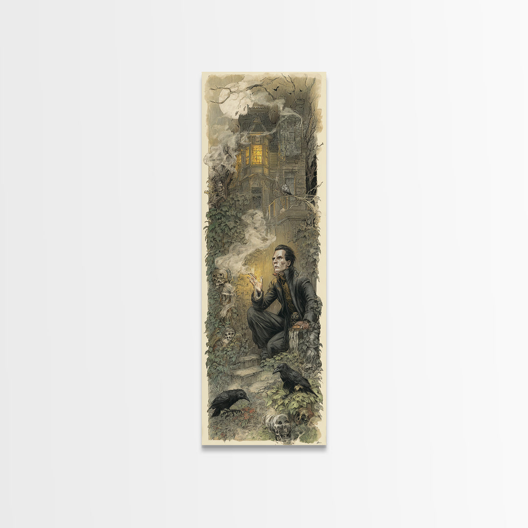 The Haunted Manor, Symbolist Etching Art, Tall Narrow Wall Art, Dark Fantasy Wall Art, Framed Canvas Print, Halloween Wall Art