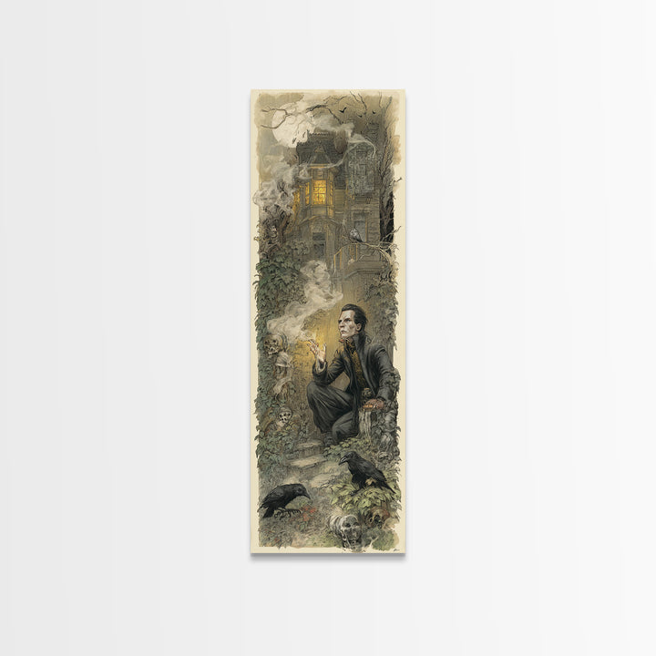 The Haunted Manor, Symbolist Etching Art, Tall Narrow Wall Art, Dark Fantasy Wall Art, Framed Canvas Print, Halloween Wall Art