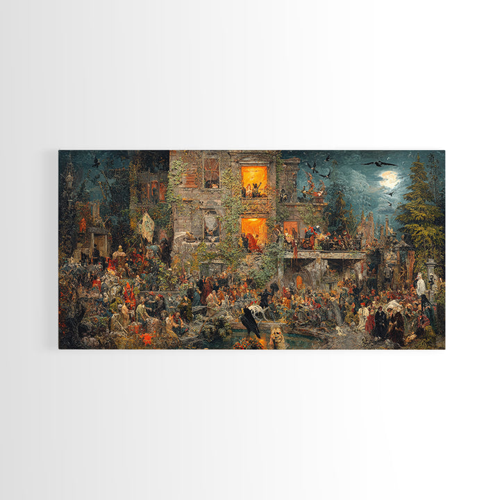 The Haunted Manor, Grotesque Carnival Art, Wide Panoramic Art, Dark Halloween Decor, Canvas Print, Halloween Wall Art, Statement Wall Art