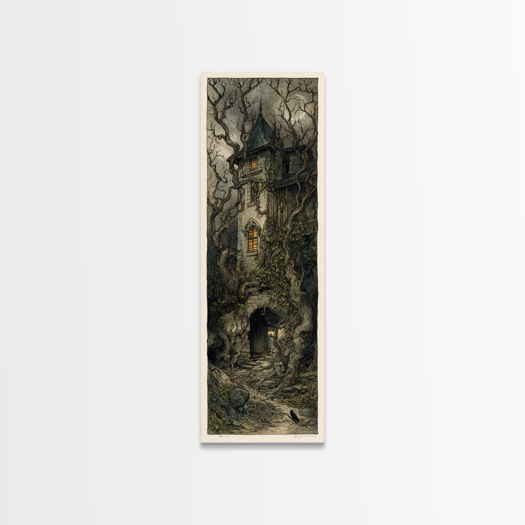 The Haunted Manor, Gothic Storybook Art, Tall Narrow Wall Art, Macabre Wall Art, Canvas Print, Halloween Wall Art, Statement Wall Art