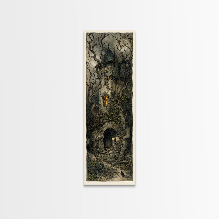 The Haunted Manor, Gothic Storybook Art, Tall Narrow Wall Art, Macabre Wall Art, Canvas Print, Halloween Wall Art, Statement Wall Art