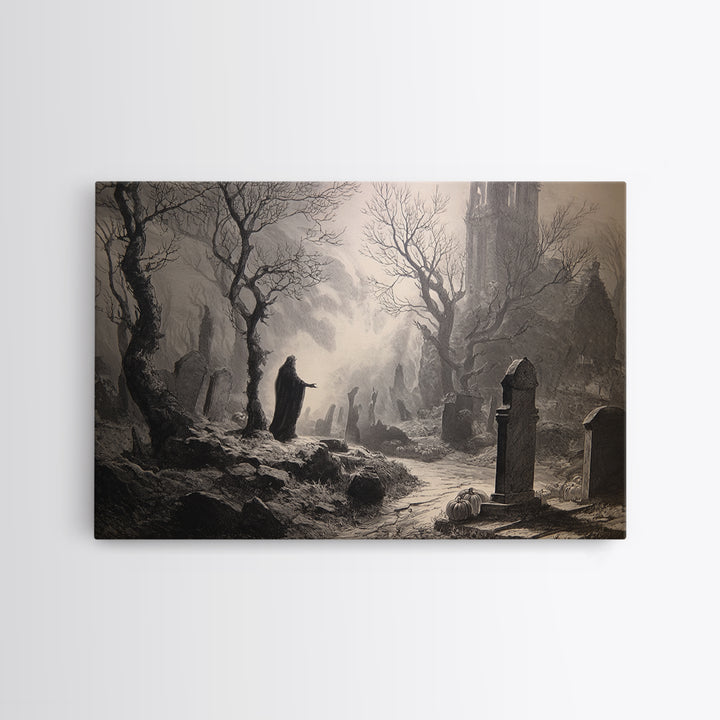 The Moonlit Cemetery, Gothic Engraving Art, Landscape Wall Art, Gothic Horror Wall Art, Canvas Print, Halloween Wall Art
