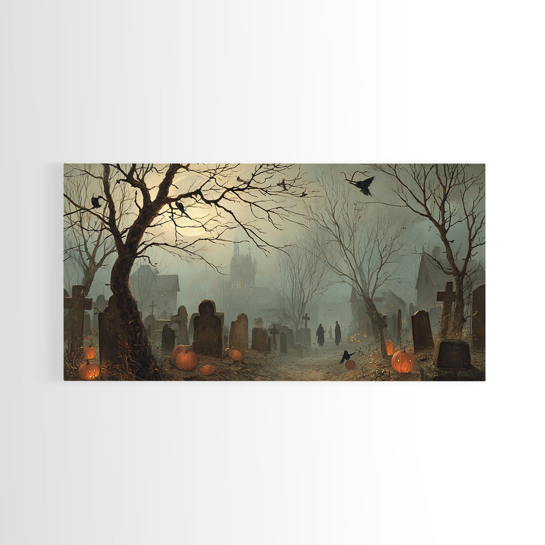 The Moonlit Cemetery, Northern Renaissance Horror, Wide Panoramic Art, Gothic Horror Wall Art, Framed Canvas Print