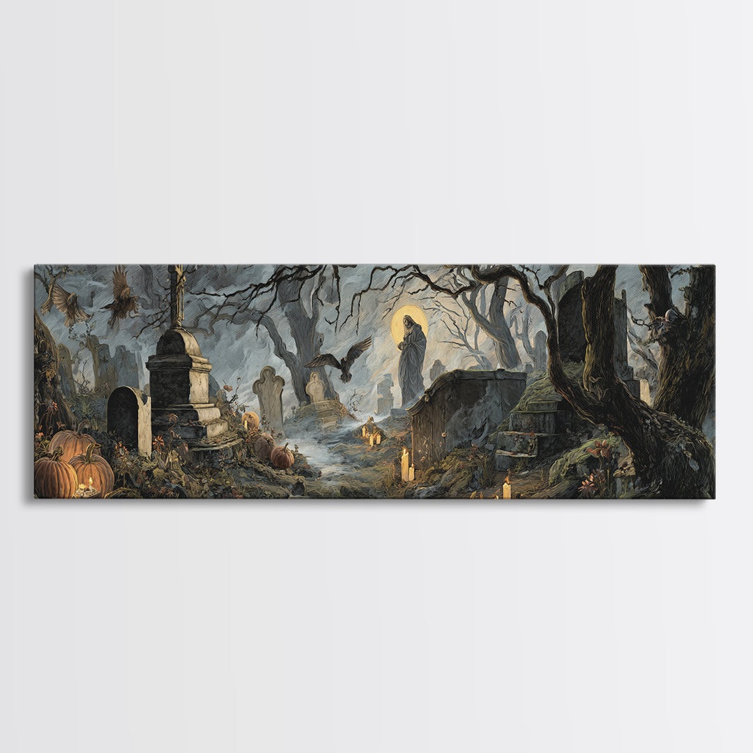 The Moonlit Cemetery, Dark Renaissance Art, Extra Wide Wall Art, Dark Fantasy Wall Art, Canvas Print, Halloween Wall Art