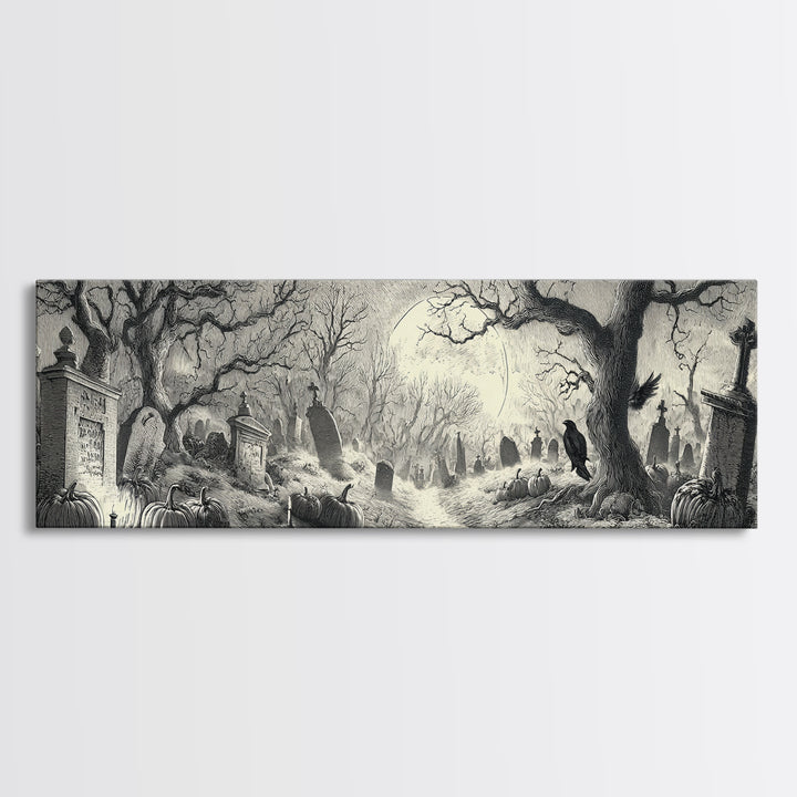 The Moonlit Cemetery, Renaissance Engraving Art, Extra Wide Wall Art, Macabre Wall Art, Canvas Print, Halloween Wall Art, Dark Fantasy Art