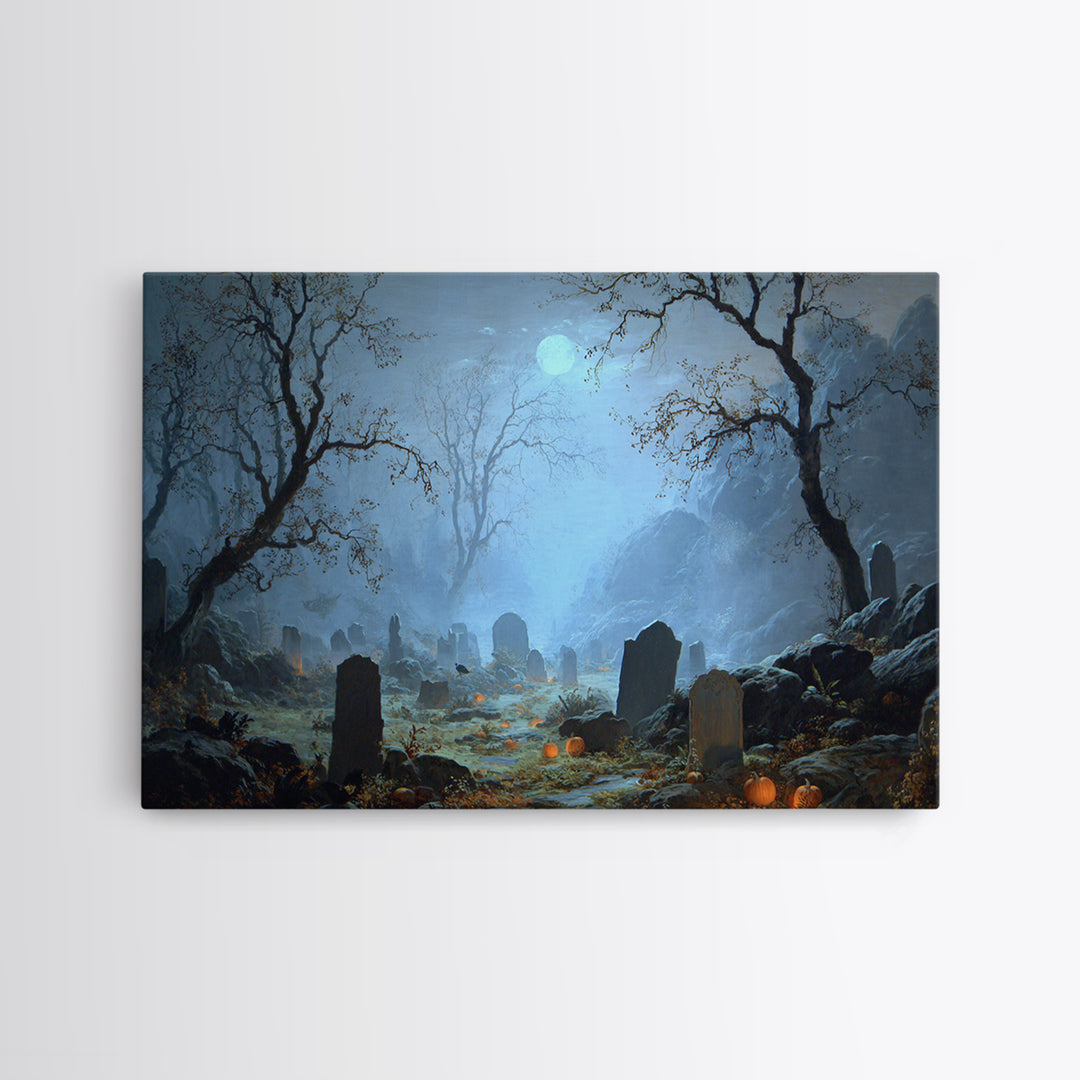 The Moonlit Cemetery, Baroque Witchcraft Art, Landscape Wall Art, Gothic Horror Wall Art, Framed Canvas Print, Halloween Wall Art