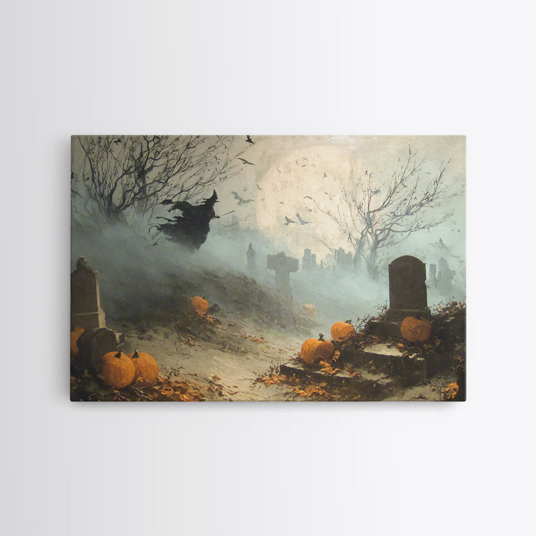 The Moonlit Cemetery, Dark Romantic Horror Art, Landscape Wall Art, Dark Halloween Decor, Canvas Print, Halloween Wall Art