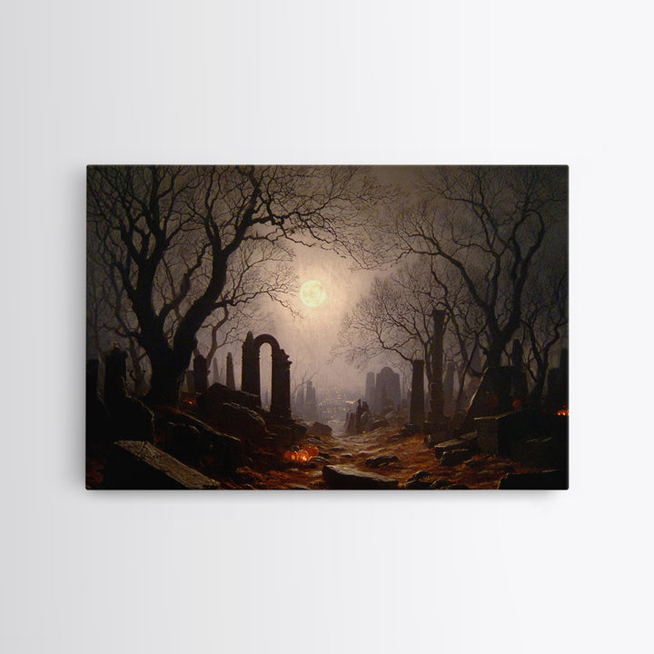 The Moonlit Cemetery, Romantic Gothic Landscape, Landscape Wall Art, Dark Fantasy Wall Art, Framed Canvas Print, Gothic Home Decor