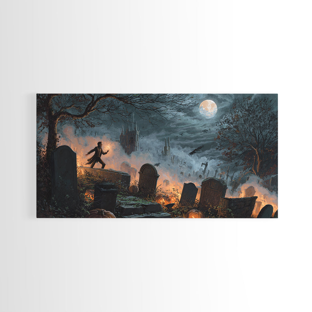 The Moonlit Cemetery, Apocalyptic Romantic Art, Wide Panoramic Art, Macabre Wall Art, Framed Canvas Print, Halloween Wall Art