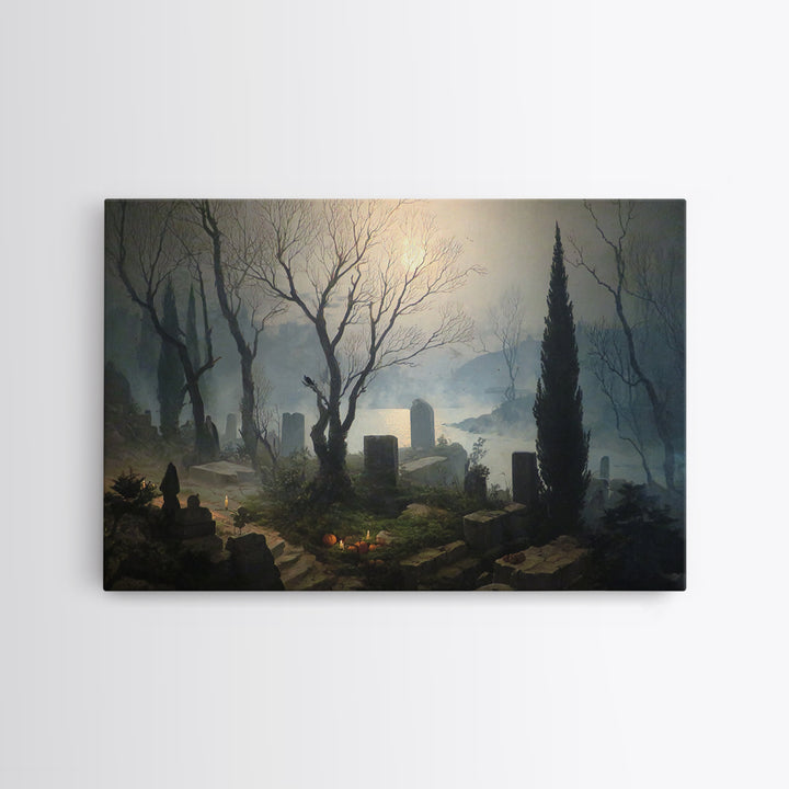 The Moonlit Cemetery, Symbolist Gothic Landscape, Landscape Wall Art, Dark Fantasy Wall Art, Canvas Print, Halloween Wall Art