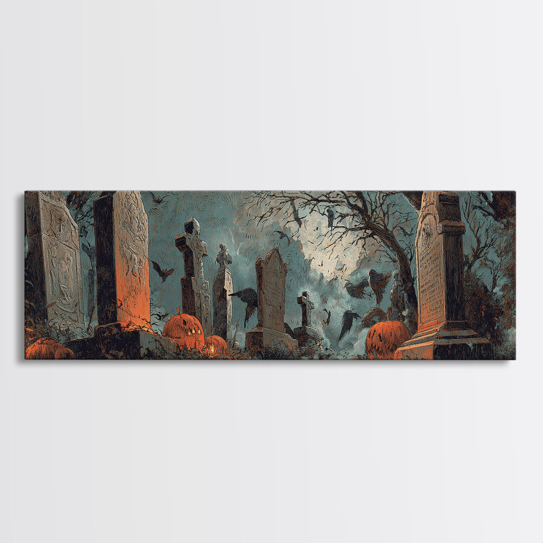 The Moonlit Cemetery, Decadent Gothic Art, Extra Wide Wall Art, Macabre Wall Art, Framed Canvas Print, Halloween Wall Art